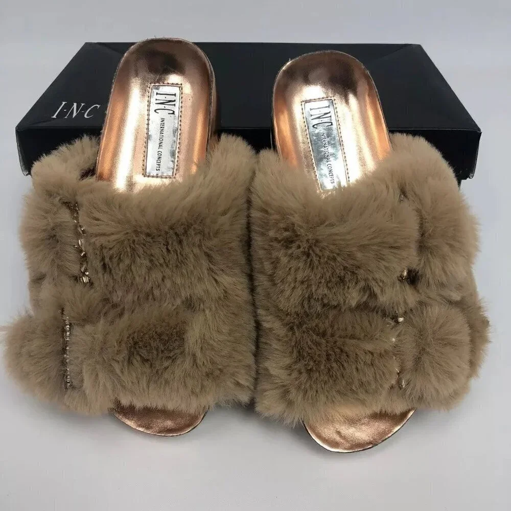 INC International Concepts Womens Alani Footbed Sandals Tan Faux Fur 5M